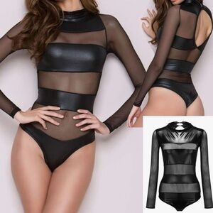 Yandy Make It or Break It Pleather Mesh Panel Sheer Long Sleeve Black Bodysuit